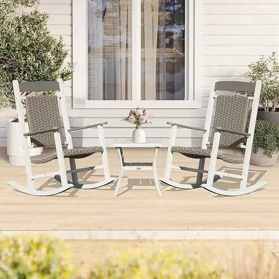 Domi Outdoor Rocking Chairs Set of 3, Durable HDPE Patio Oversized Rockers for Adults, Wicker Rocking Chair with 380lbs Support,