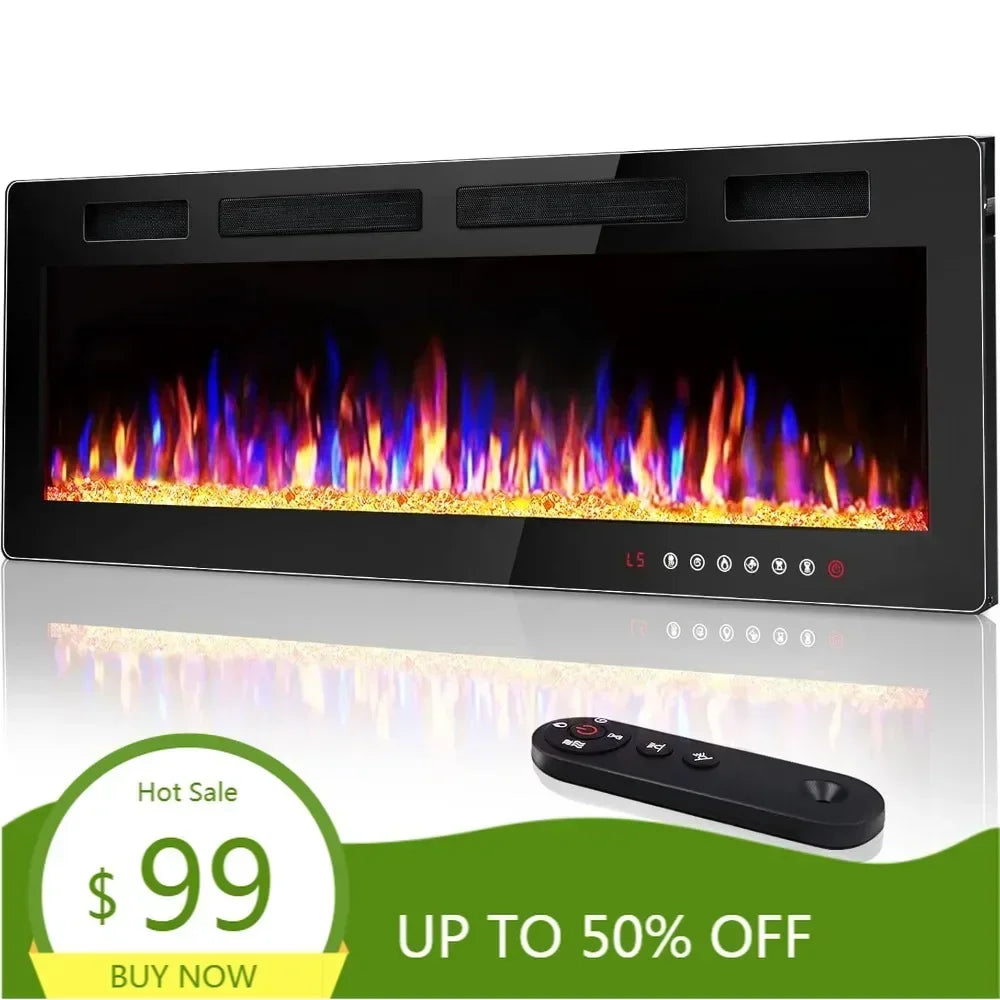 72 inch ultra-thin electric fireplace in-wall recessed and wall mounted fireplace heater,linear fireplace with multicolor flame