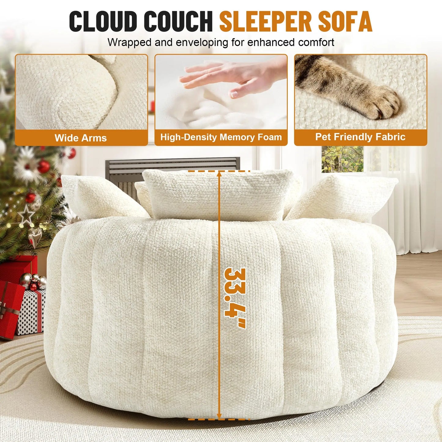 Round Chaise Lounge Chair Modern Upholstered With Five Throw Pillows