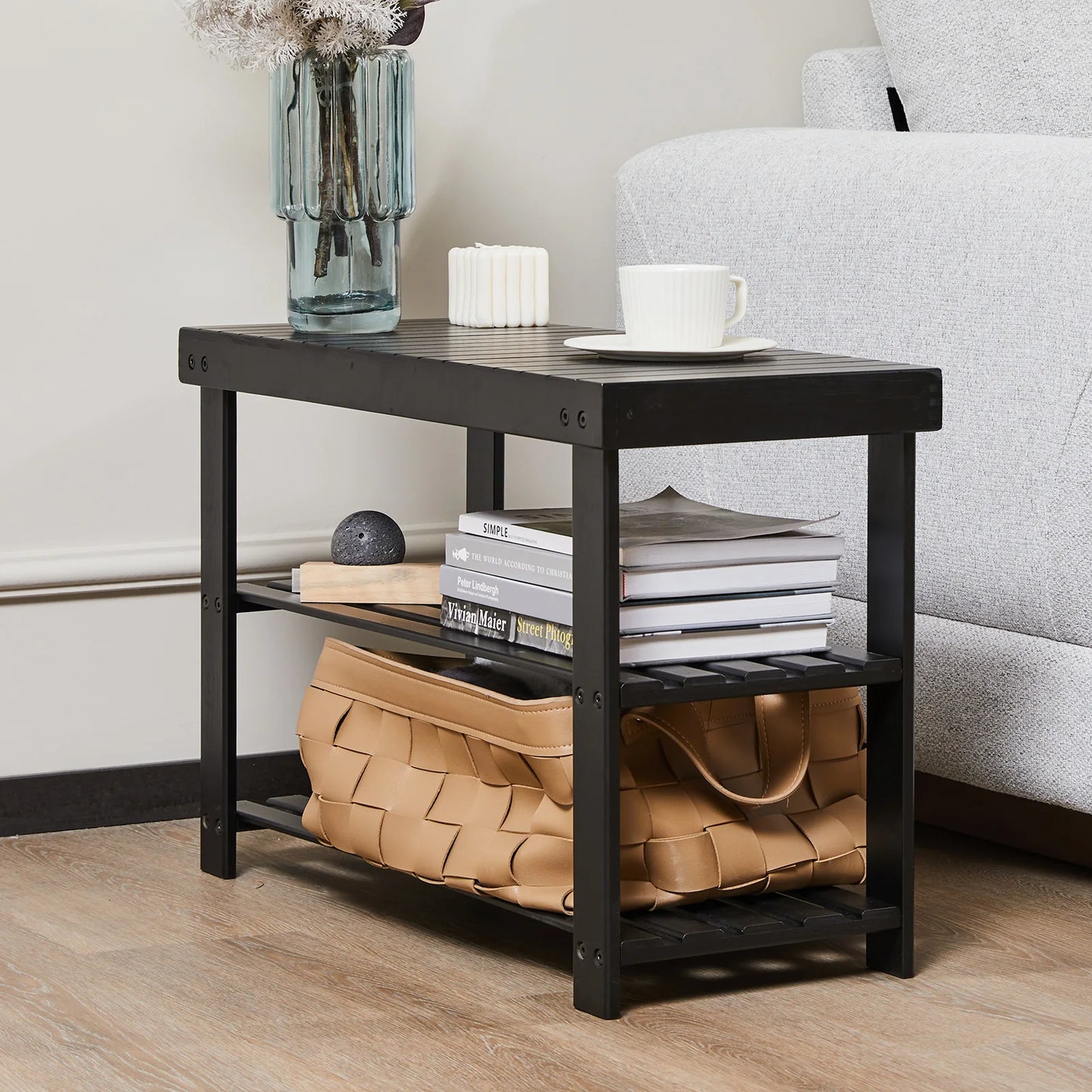 JHK 3 Tier Bamboo Entryway Bench Shoe Rack Organizer