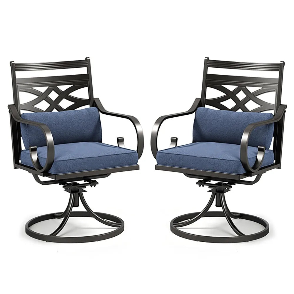 Set Of 2 Outdoor Iron Dining Chairs With Blue Cushions