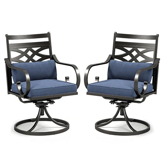 Set Of 2 Outdoor Iron Dining Chairs With Blue Cushions