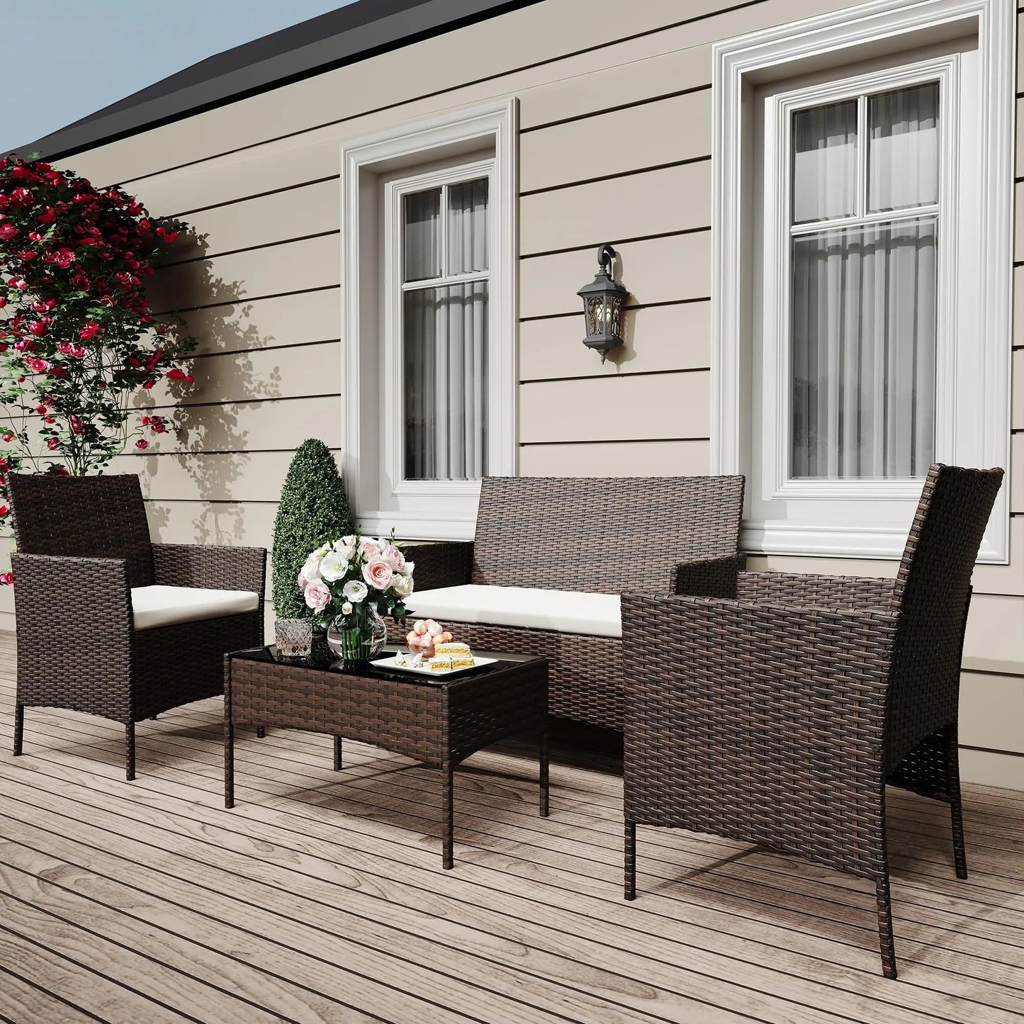 HiMISS 4 Piece Rattan Patio Bistro Furniture Set With Cushioned Sofa