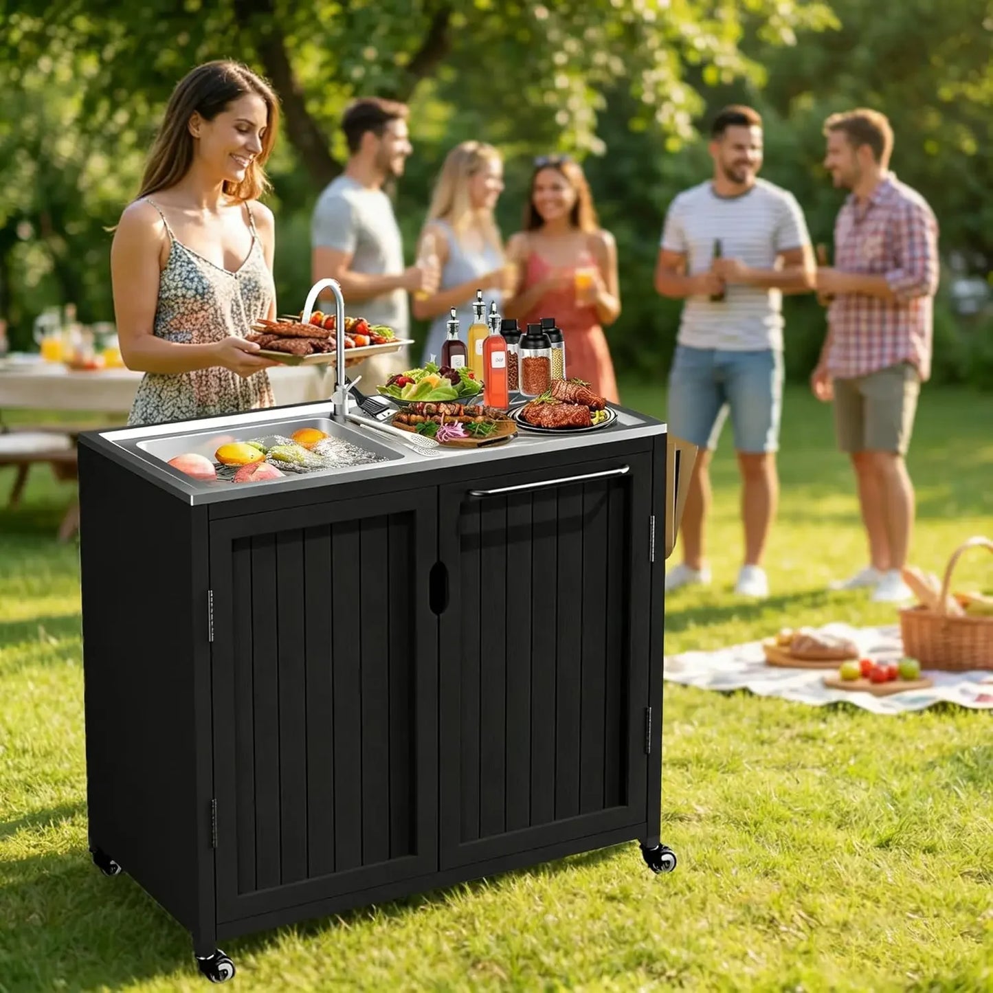 Outdoor Kitchen Island With 304 Stainless Steel Sink And Storage Cabinet