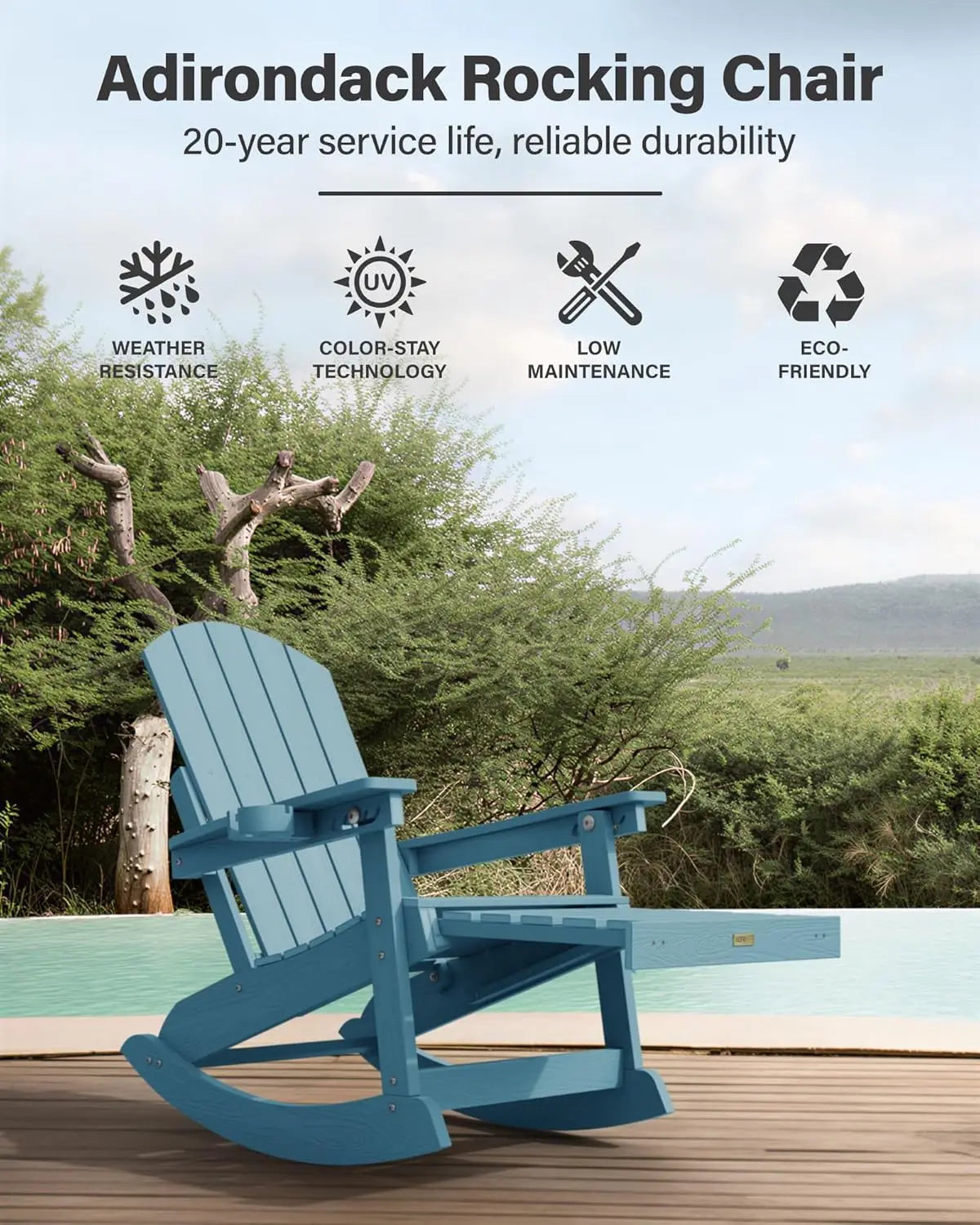 Adirondack Rocking Chairs Set With Retractable Ottoman And 5 Level Adjustment