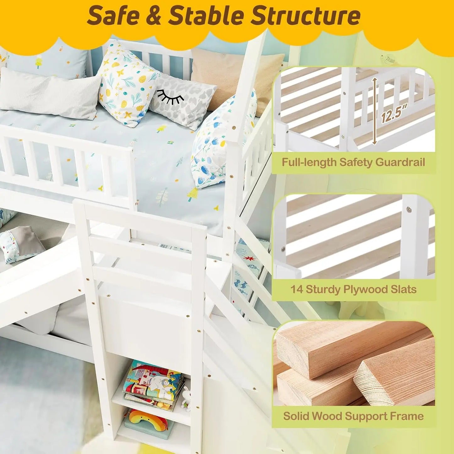 Twin Over Twin Wood Bunk Bed With Slide Guardrails Staircase