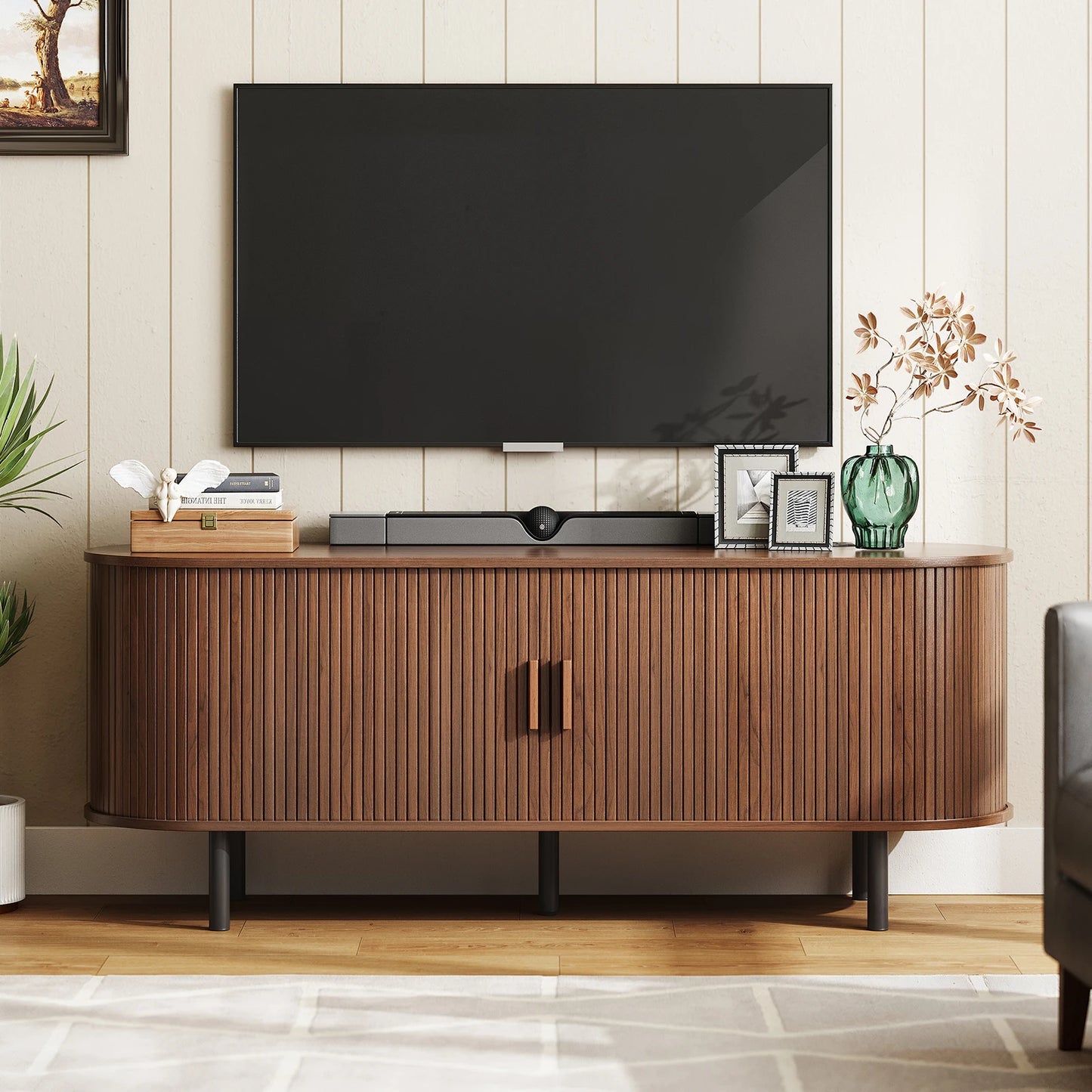 ONBRILL TV Stand with Power Outlet Sliding Doors and Shelves