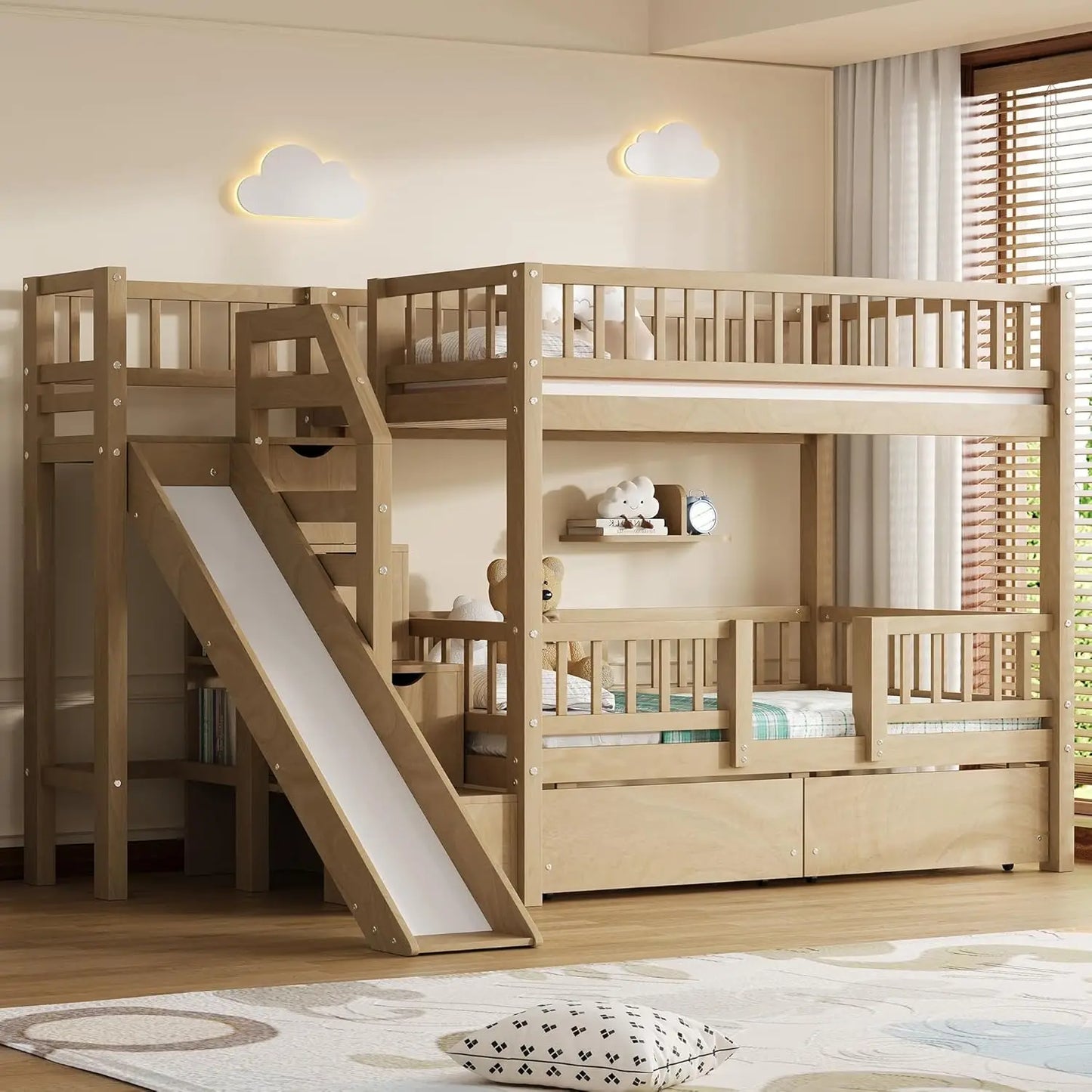 Kids Bunk Bed With Slide, Storage Drawers And Staircase, Pine Wood