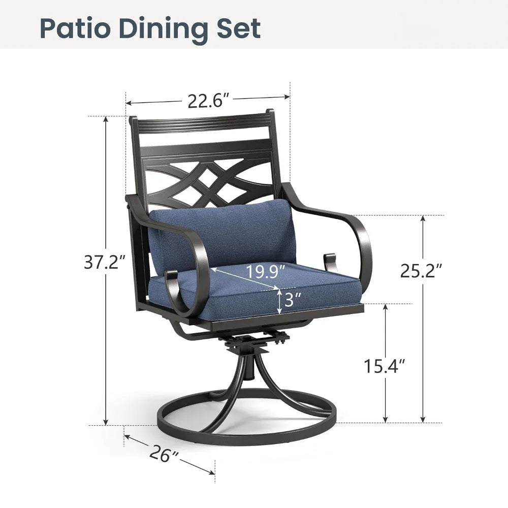 Set Of 2 Outdoor Iron Dining Chairs With Blue Cushions