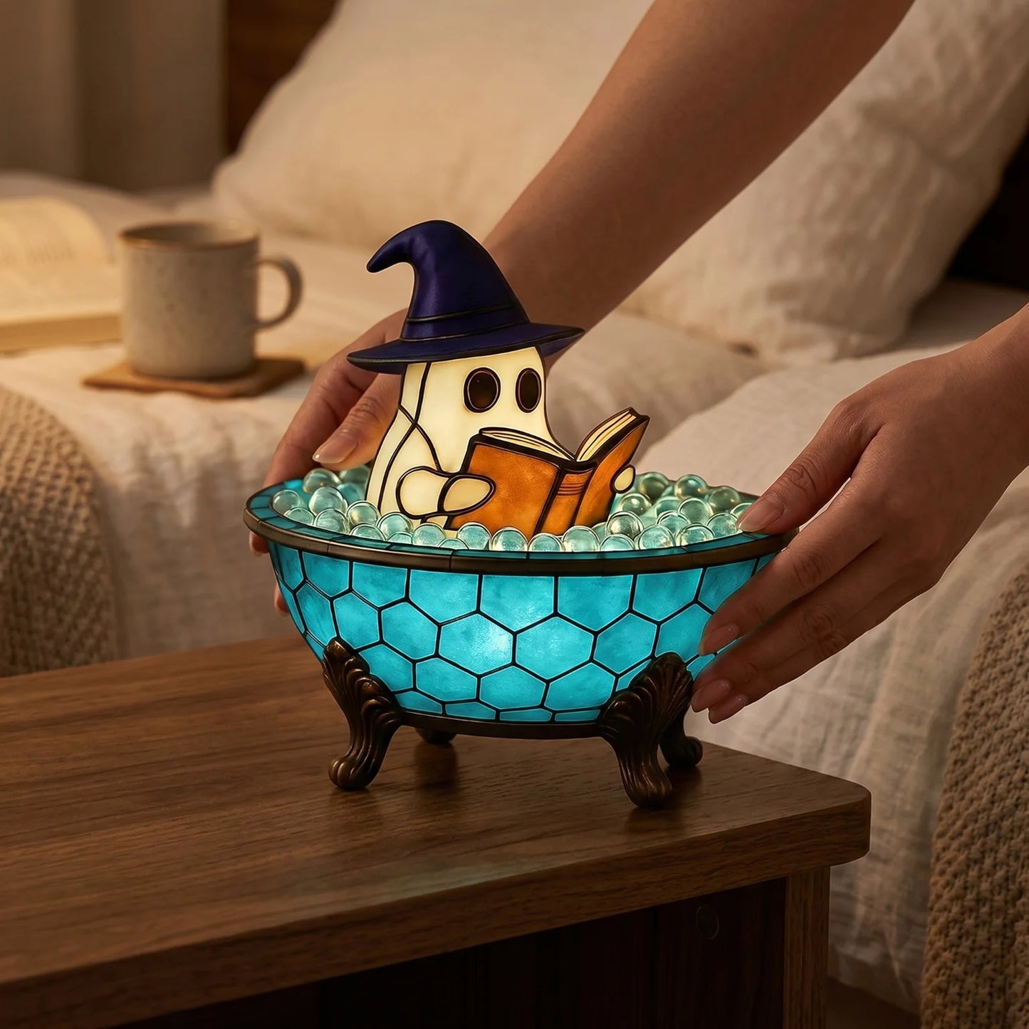 Tiffany Stained Glass Ghost Table Lamp Rechargeable Night Light
