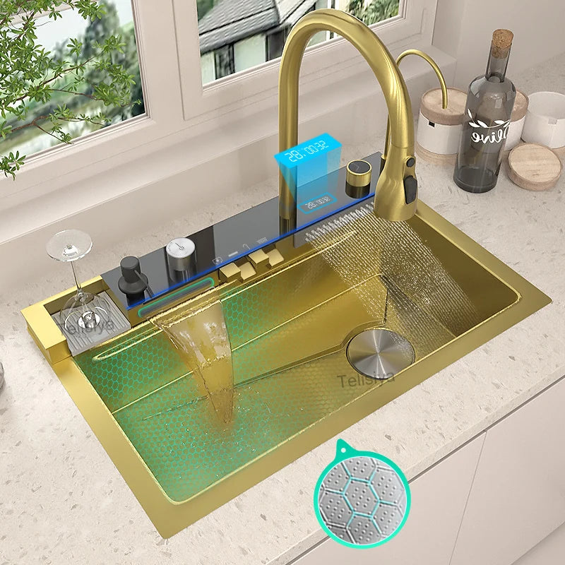 Telisiya Waterfall Kitchen Sink Stainless Steel Single Slot Digital Display