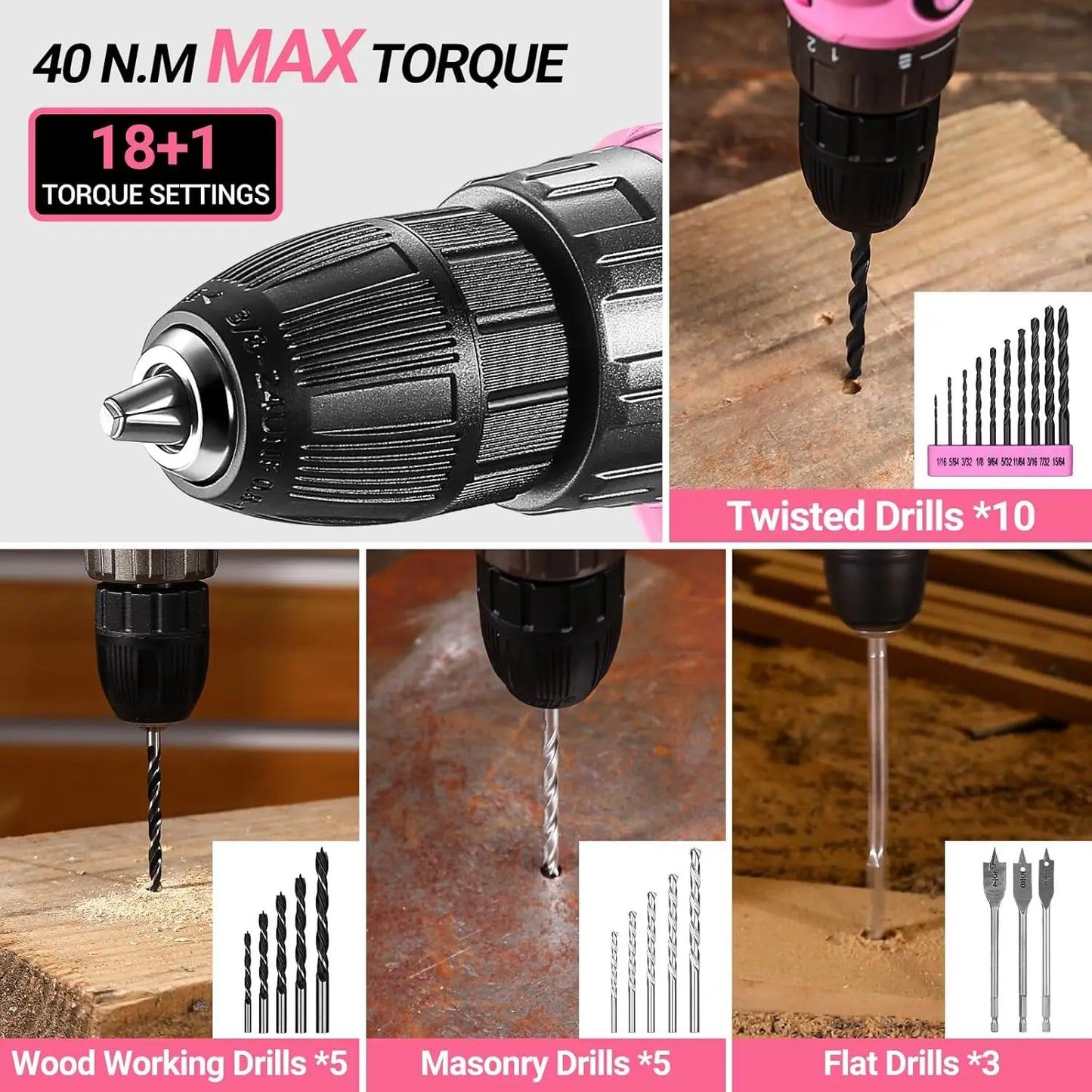 DeKo 20V Cordless Pink Drill Tool Kit With Battery