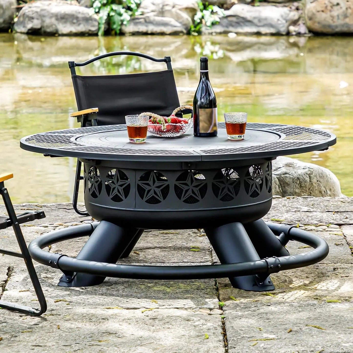 Outdoor Fire Pit With Grills Lid Large Round Metal