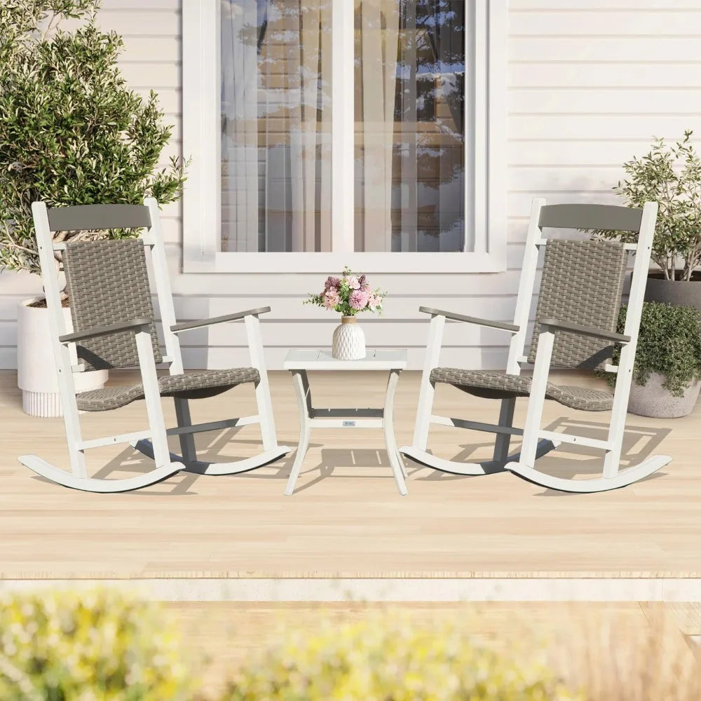 Domi Outdoor Rocking Chairs Set of 3, Durable HDPE Patio Oversized Rockers for Adults, Wicker Rocking Chair with 380lbs Support,
