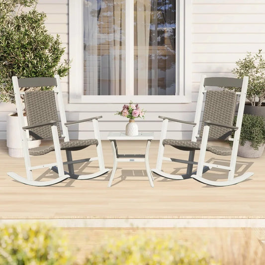 Domi Outdoor Rocking Chairs Set of 3, Durable HDPE Patio Oversized Rockers for Adults, Wicker Rocking Chair with 380lbs Support,