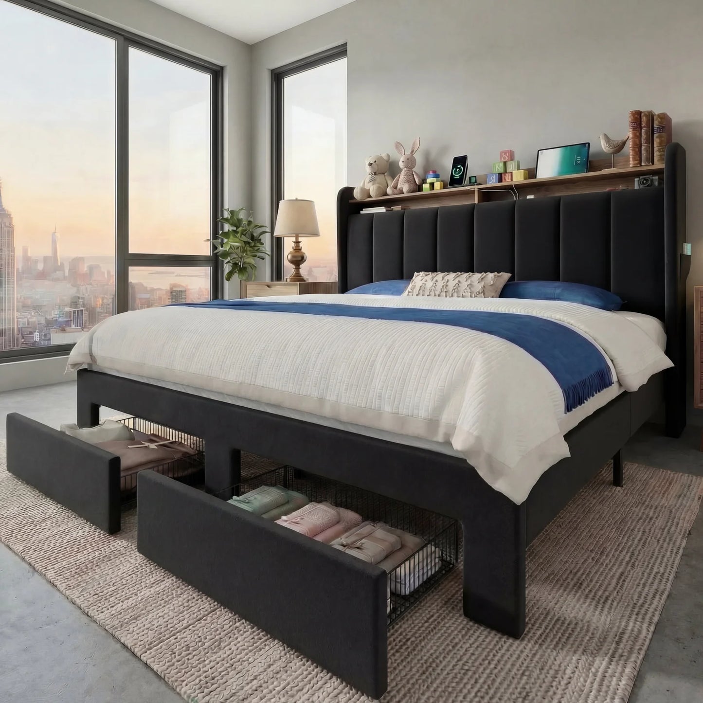 Hoomic Full Queen King Bed Frame With Storage Drawers Shelves Led Lights Charging Station