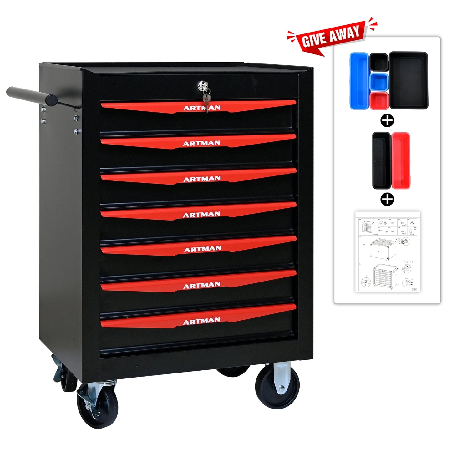 ARTMAN Rolling Metal Tool Chest With 7 Drawers Bearing Slides
