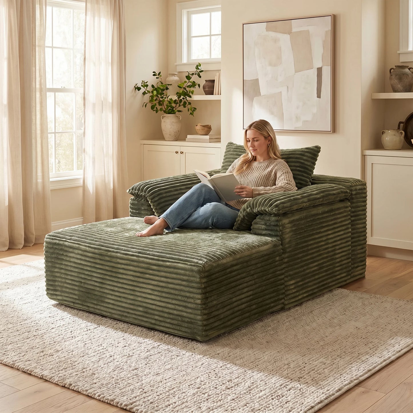 Corduroy Sofa Bed Lounge Chair With Armrests And Pillows