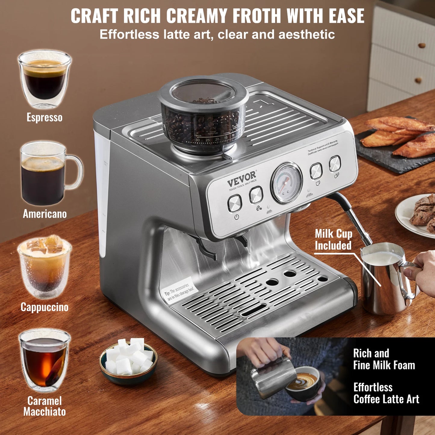VEVOR Espresso Machine With Grinder 15 Bar Semi Automatic Milk Frother
