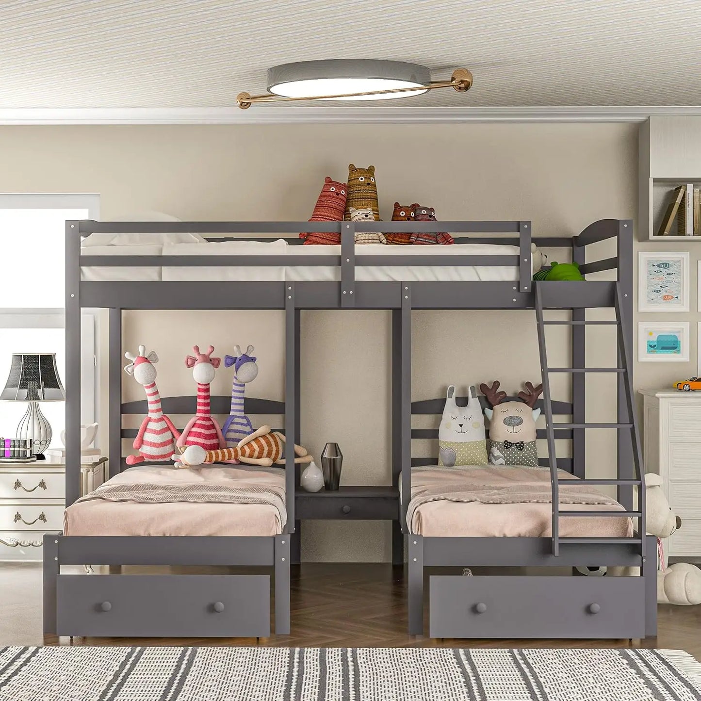 Triple Level Bunk Bed Frame With Integrated Storage Drawers