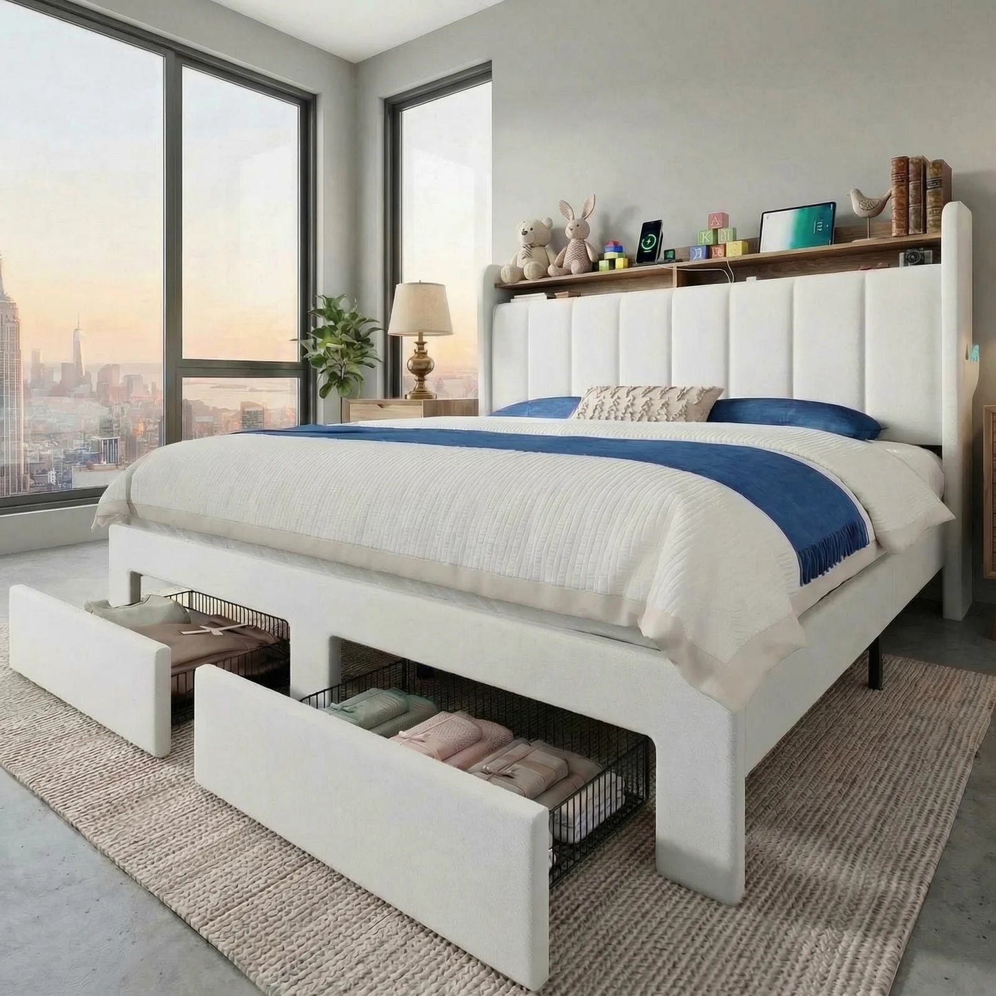 Hoomic Full Queen King Bed Frame With Storage Drawers Shelves Led Lights Charging Station