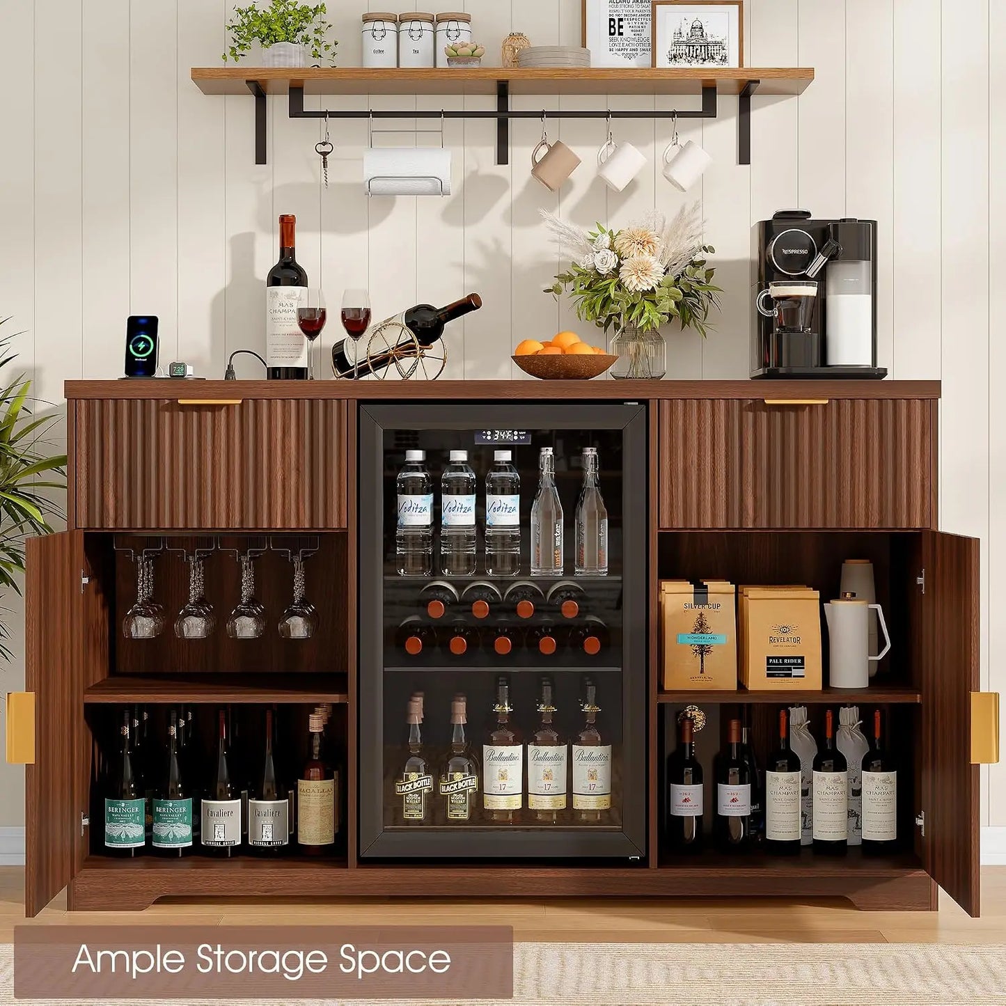 Wooden Coffee Bar Cabinet With Fridge Space And Charging Station