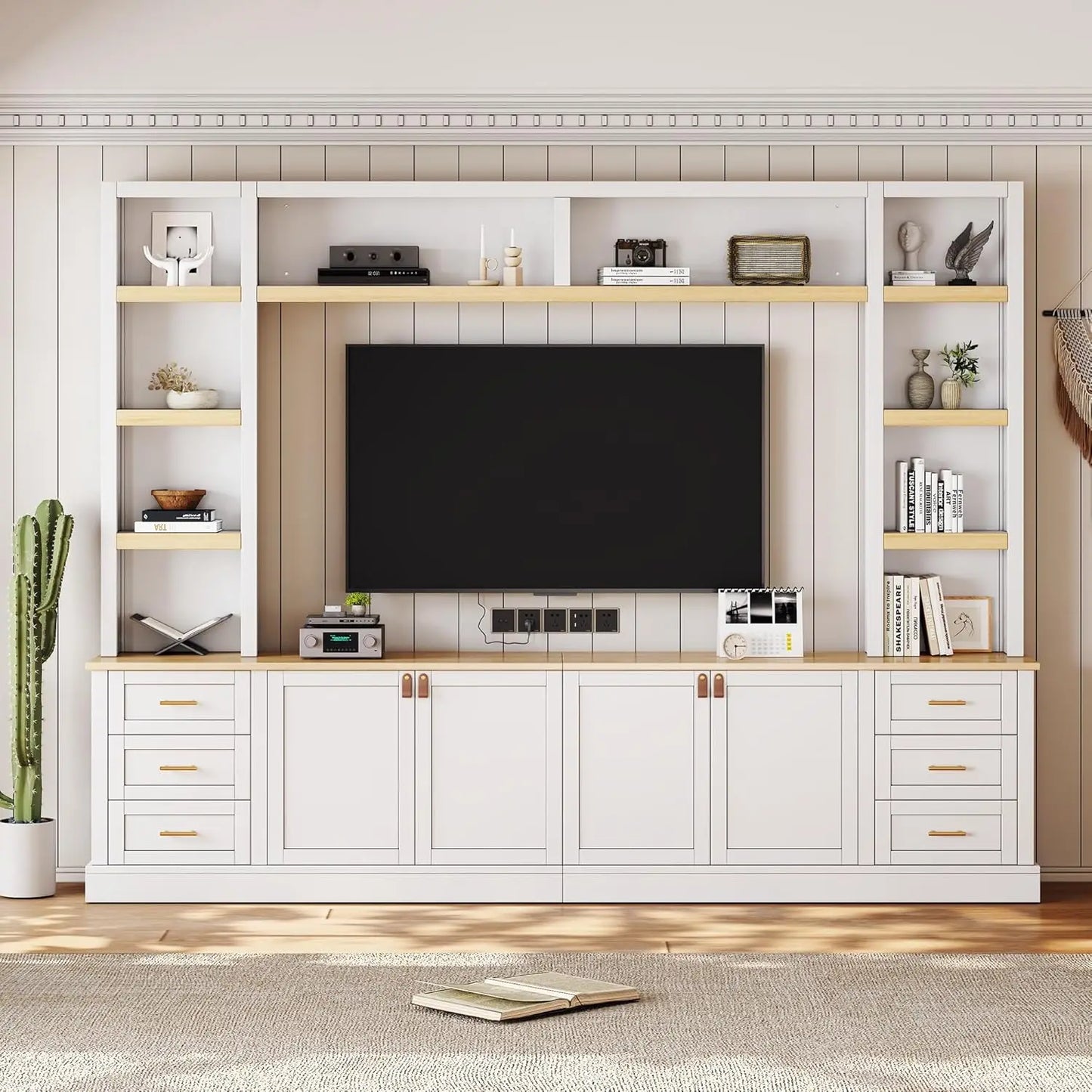 Farmhouse 4-Piece Entertainment Center With Bookshelves And Drawers