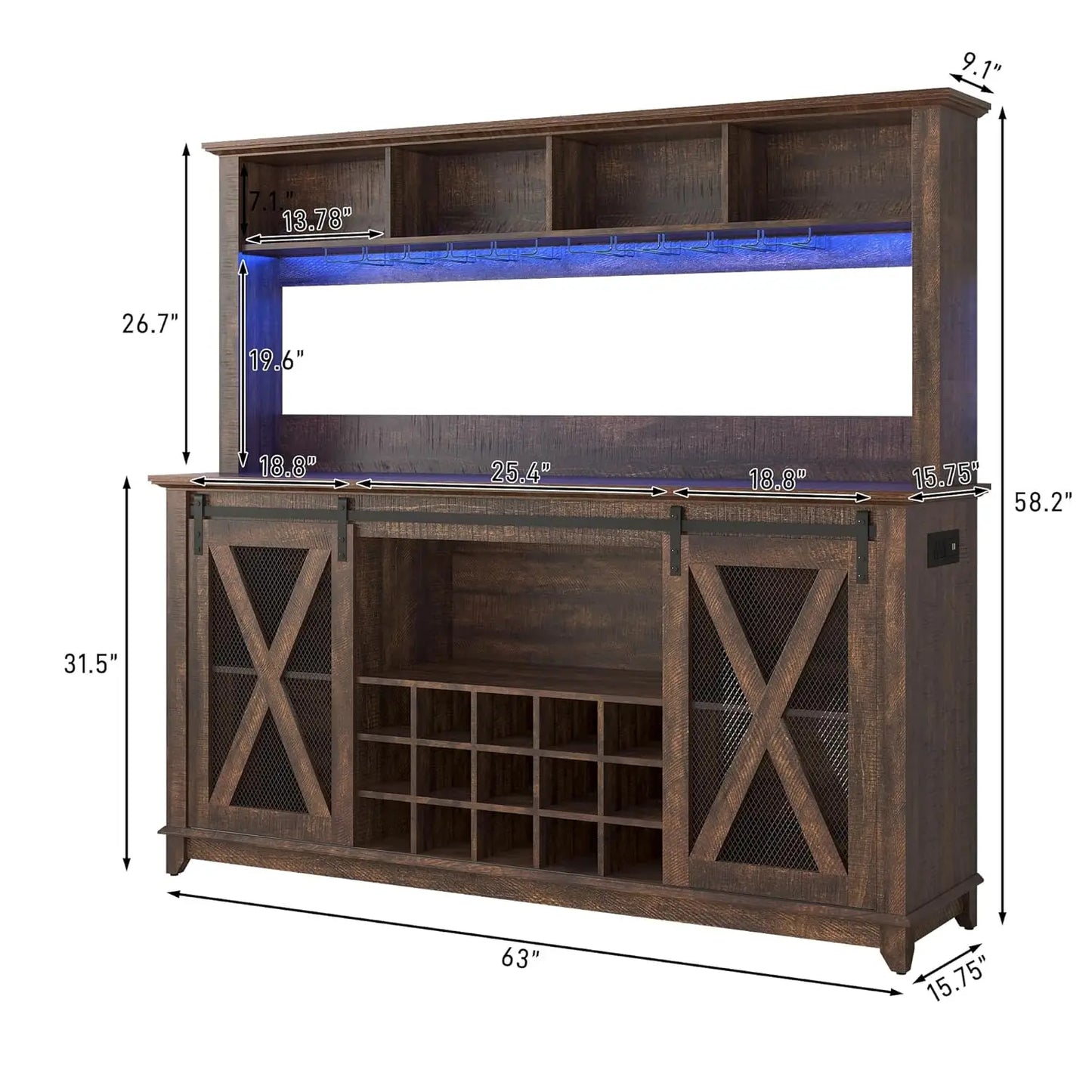 Farmhouse Coffee Bar Cabinet With Led Lights And Power Outlet
