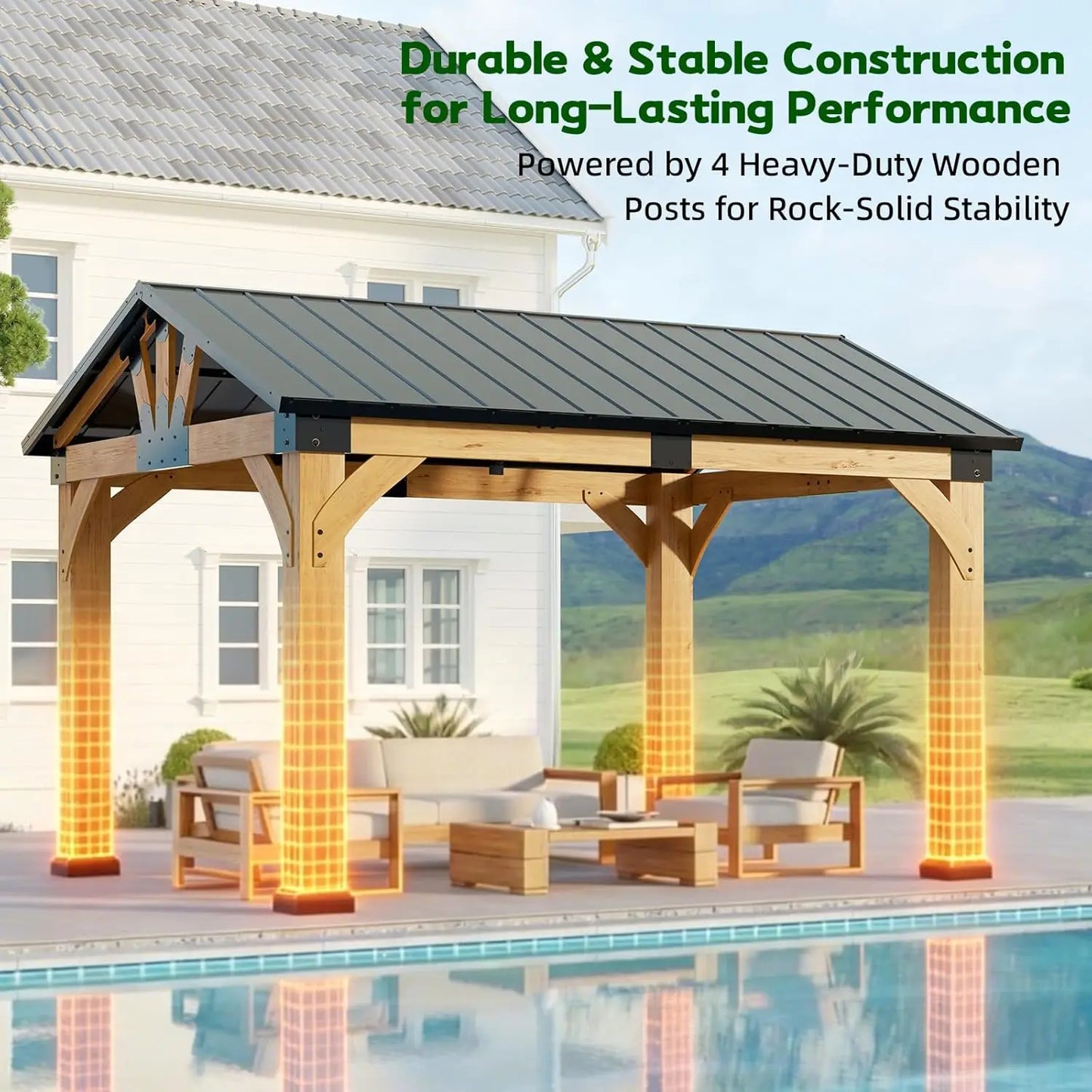 10x12ft Cedar Wood Hardtop Gazebo, Galvanized Steel Peak Roof, Snow & Wind Support for Outdoor Pavilion, Custom
