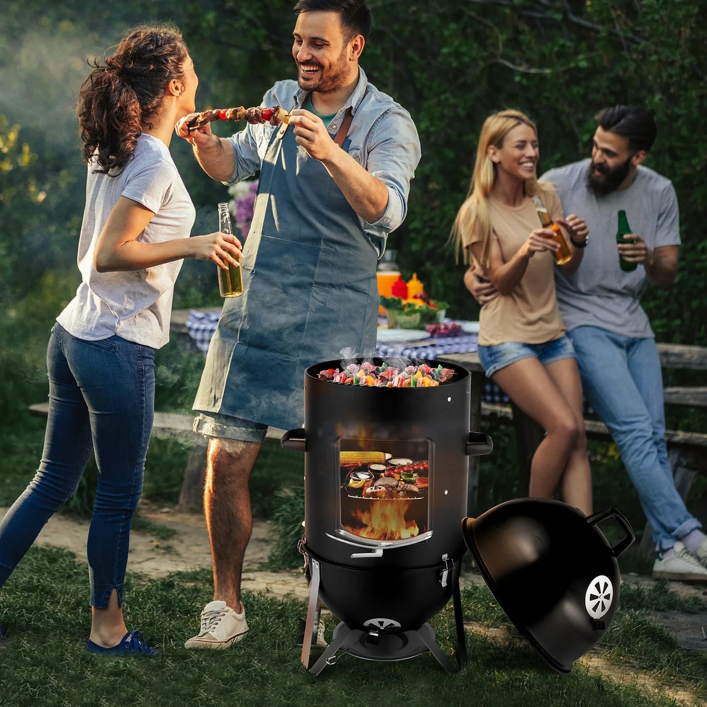 3 In 1 Outdoor BBQ Charcoal Smoker Grill Racks Thermometer