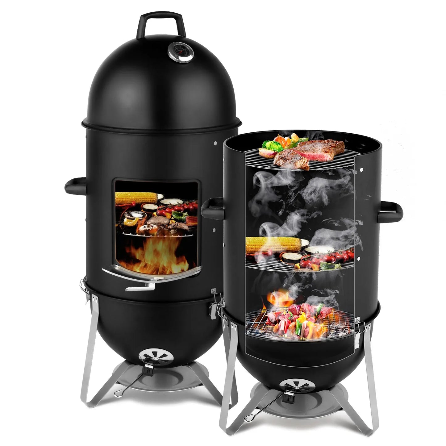 3 In 1 Outdoor BBQ Charcoal Smoker Grill Racks Thermometer