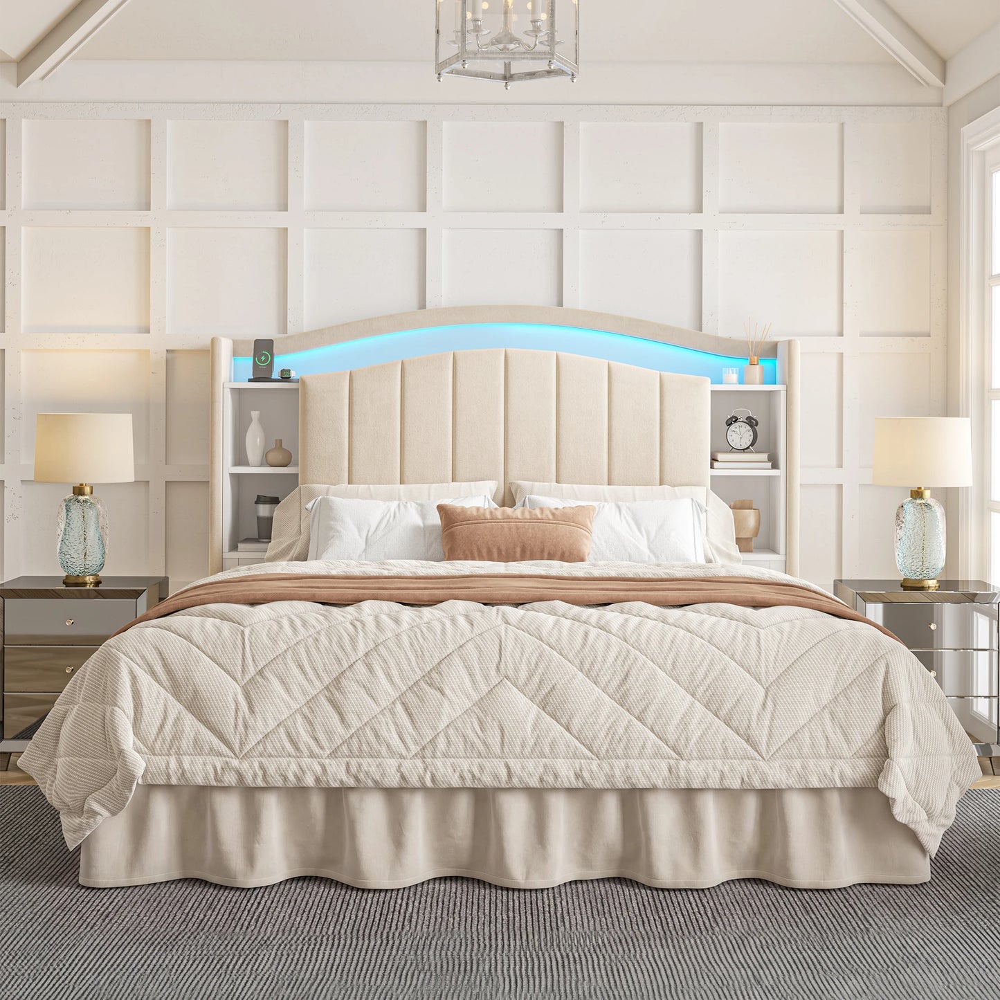 EnHomee Bookcase Platform Bed Frame With LED Lights