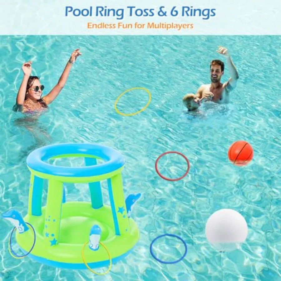 Pool Toys Games Set - 3 in 1 Pool Volleyball Net Basketball Hoop Ring Toss Game Inflatable Floats Water Floating Volleyball Swi