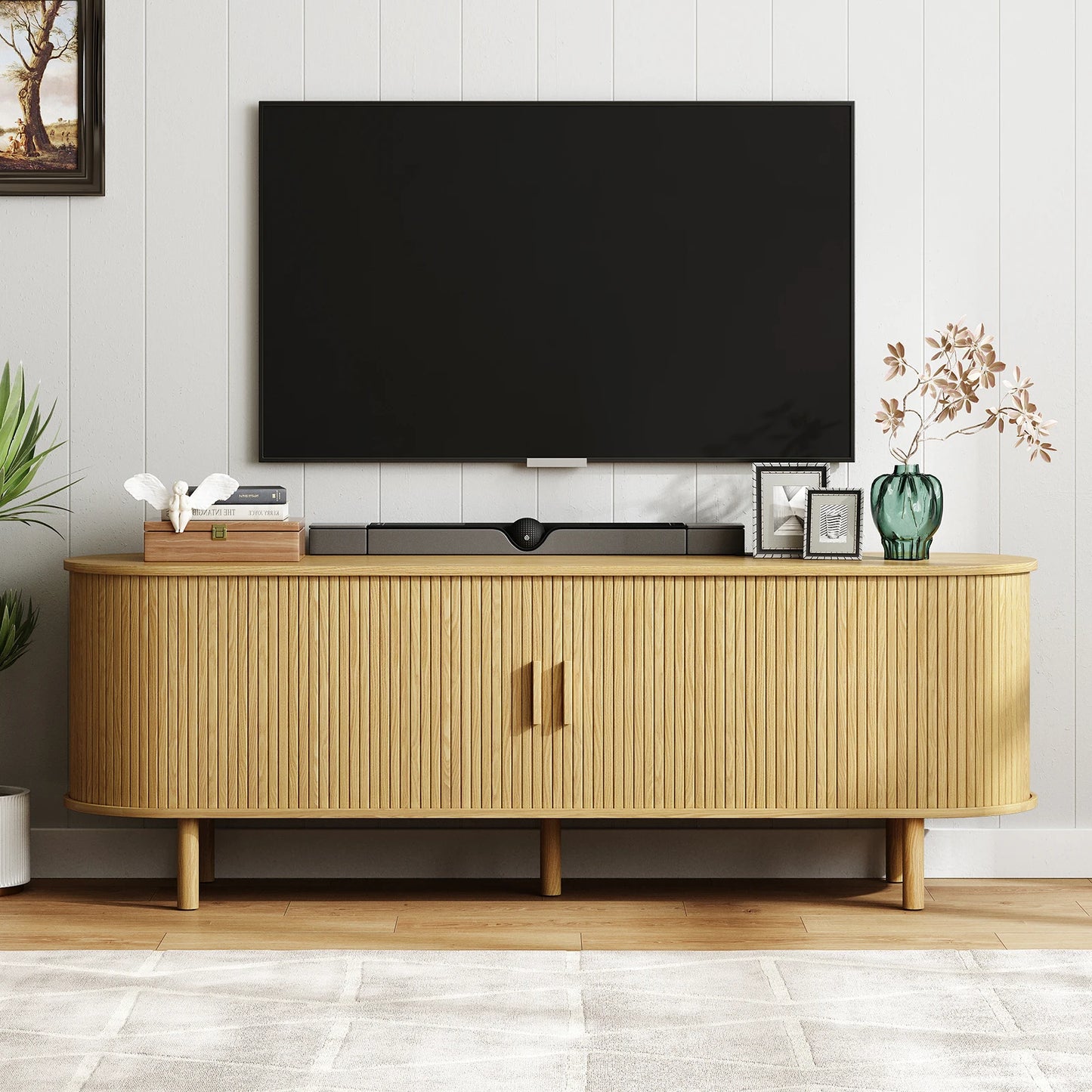 ONBRILL TV Stand with Power Outlet Sliding Doors and Shelves