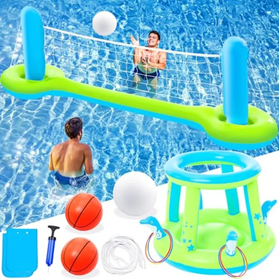 Pool Toys Games Set - 3 in 1 Pool Volleyball Net Basketball Hoop Ring Toss Game Inflatable Floats Water Floating Volleyball Swi