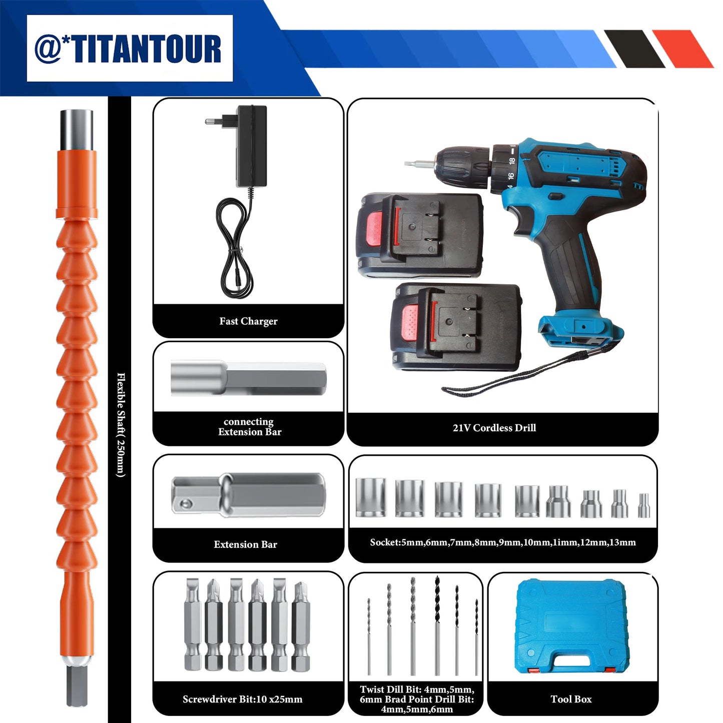 21V Cordless Drill Driver with 2 Batteries, Electric Screwdriver Set, 6 Speed, 18+1 Torque, Power Drill with Drill Bits Kit for