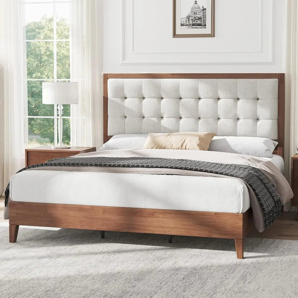 Walnut Century Style Solid Wood Queen Platform Bed