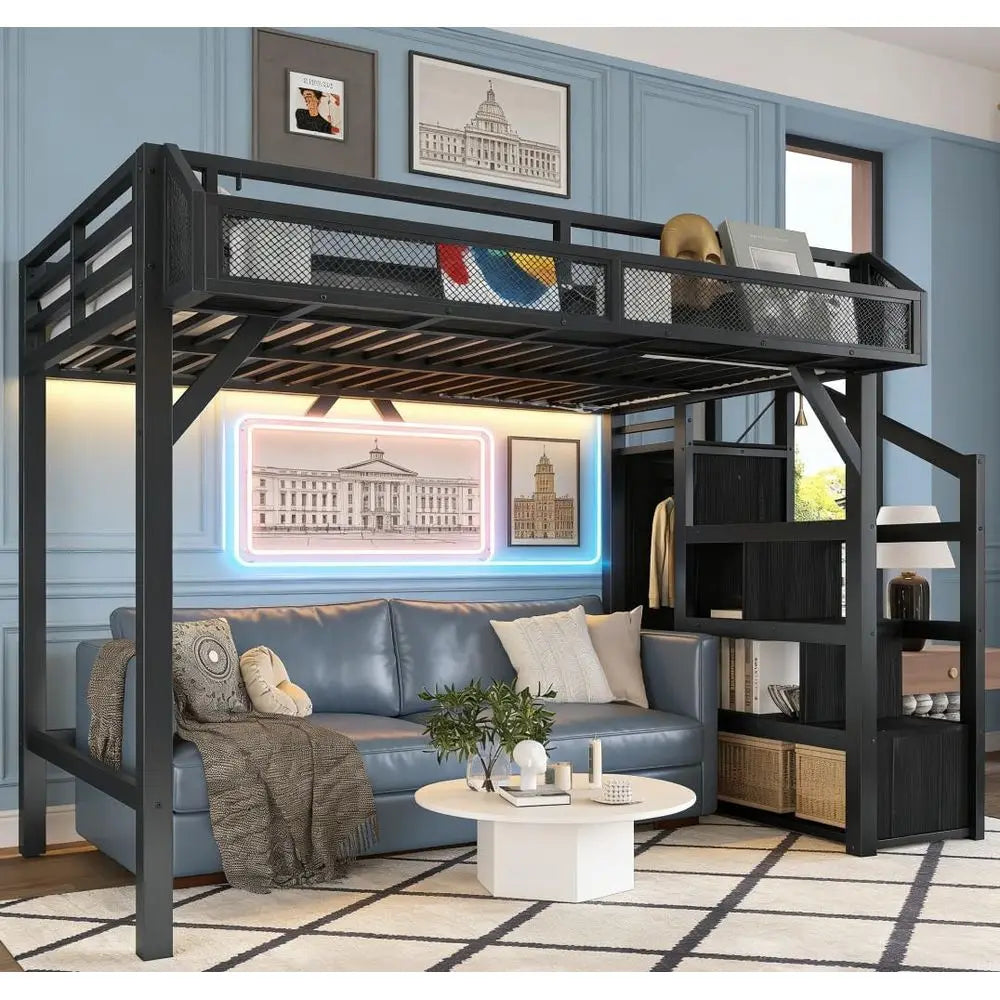 Modern Loft Bed With Storage Steps Wardrobe And Shelves