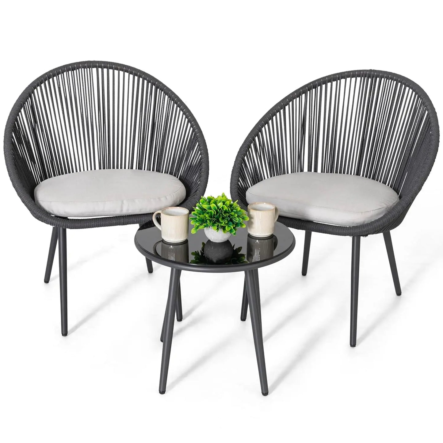 3 Piece Outdoor Bistro Set, Woven Rope Conversation Patio Set, All Weather Patio Furniture Chairs and Table with Cushions for Ga