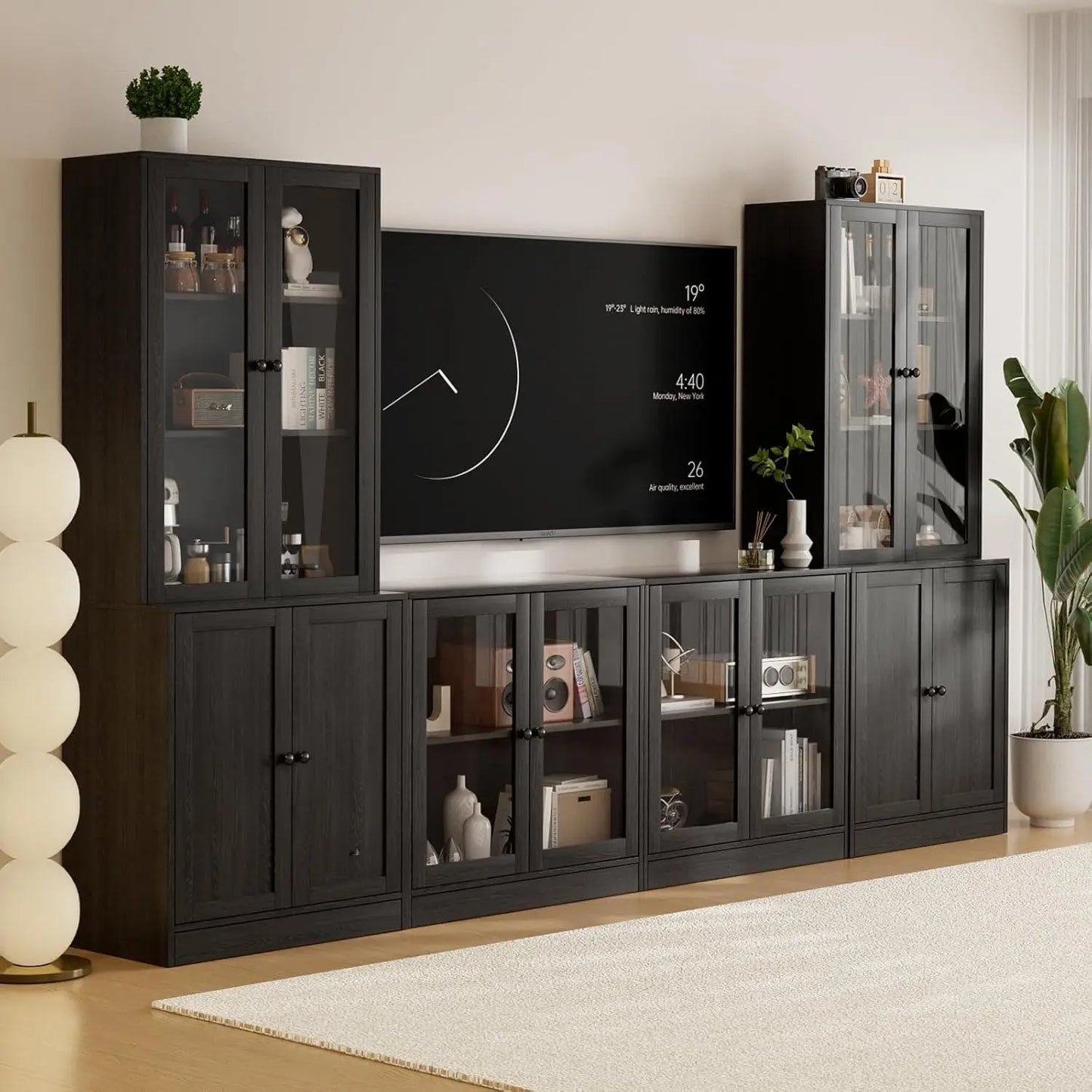 Modular TV Stand With Glass Doors And Bookcases Entertainment Center