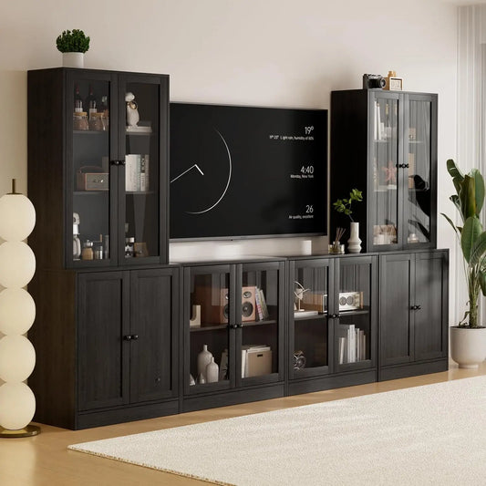 Modular TV Stand With Glass Doors And Bookcases Entertainment Center