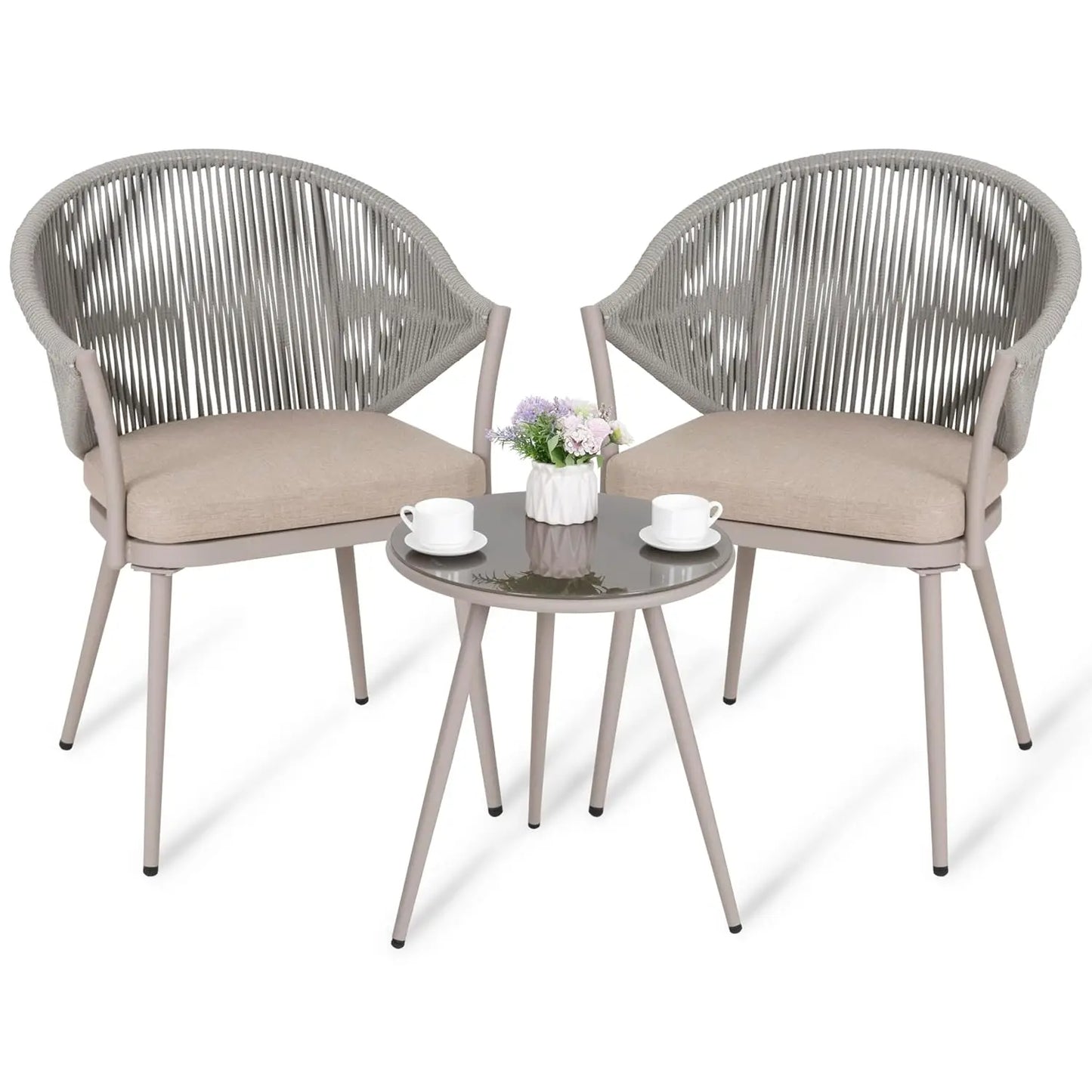 3 Piece Outdoor Bistro Set, Woven Rope Conversation Patio Set, All Weather Patio Furniture Chairs and Table with Cushions for Ga