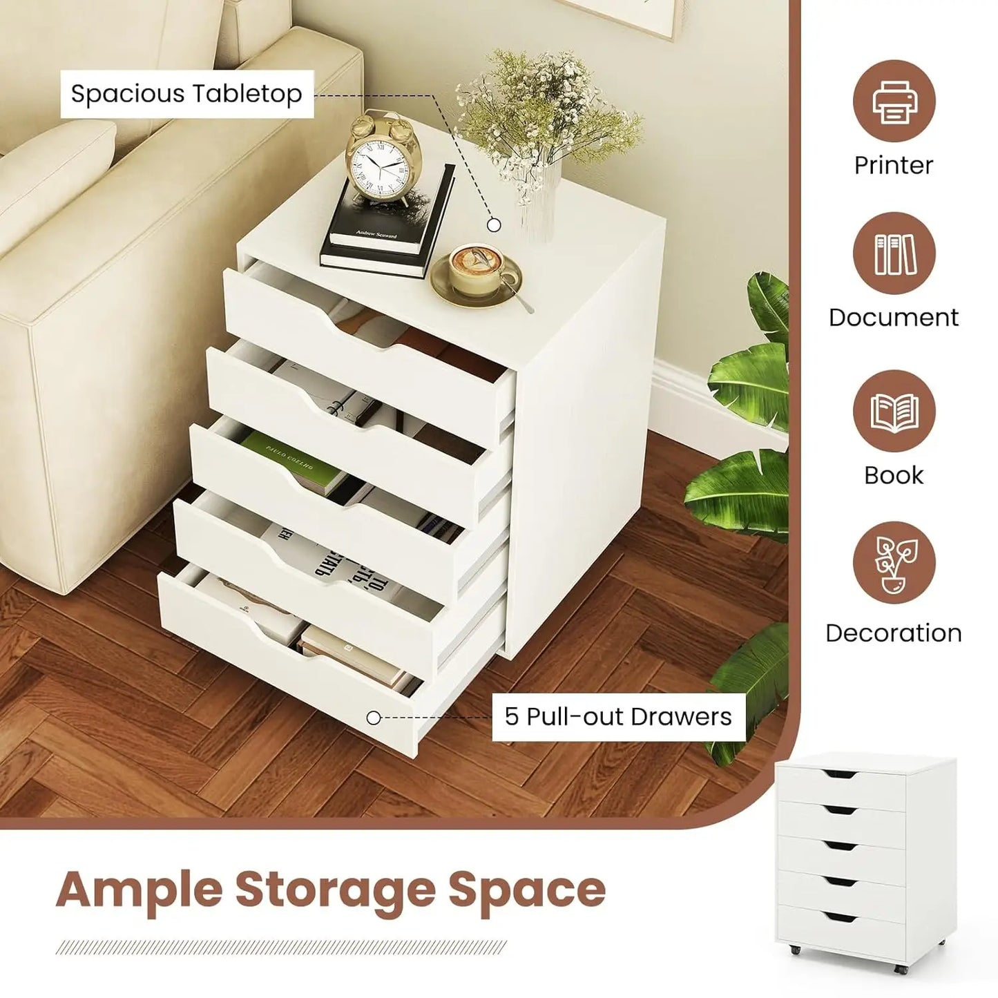 Mobile File Cabinet On Wheels Five Drawer For Home Office