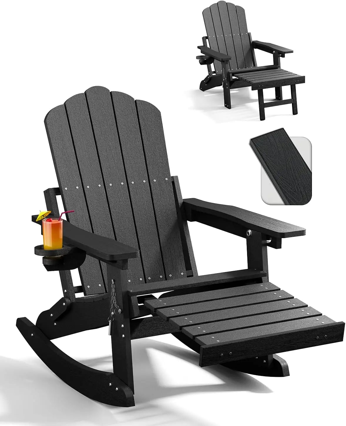 Adirondack Rocking Chairs With Retractable Ottoman And Cup Holders