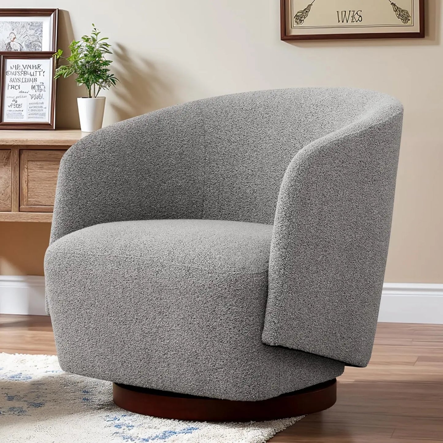 Boucle Swivel Accent Chair 360 Degree Upholstered Armchair Rubberwood Base