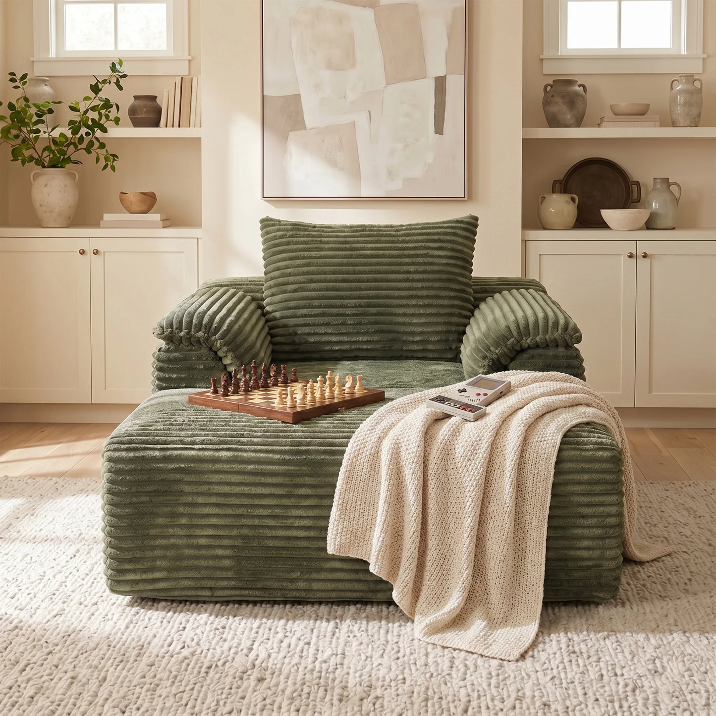 Corduroy Sofa Bed Lounge Chair With Armrests And Pillows