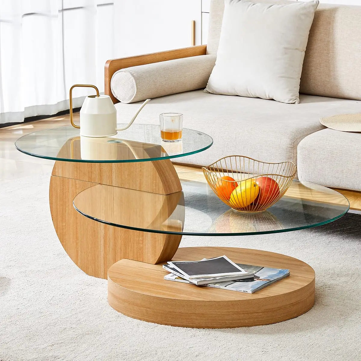 Glass Round Coffee Table Three Tier Tempered Glass Top Wood Base