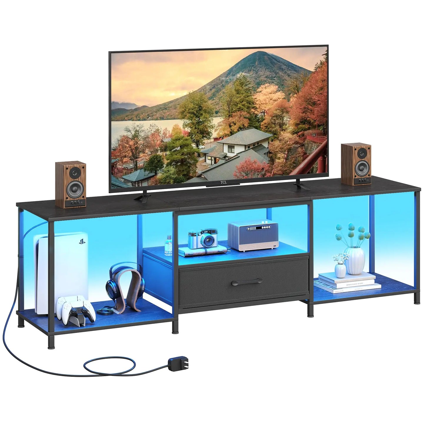TV Stand With LED Lights And Fabric Drawer Media Console