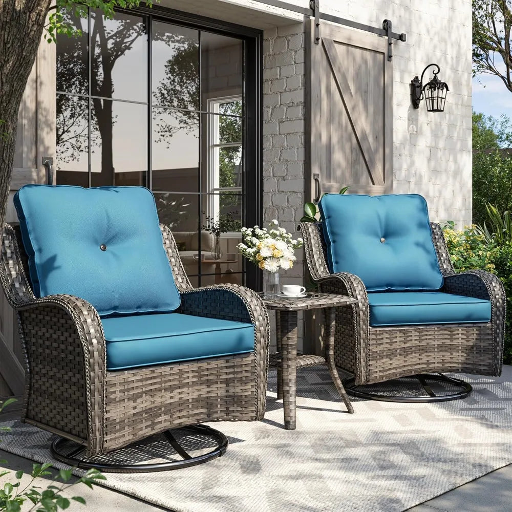 360° Wicker Swivel Rocker Chairs Outdoor Bistro Conversation Chairs Sets of 2 with Side Table 3 Pieces Patio Furniture Set for