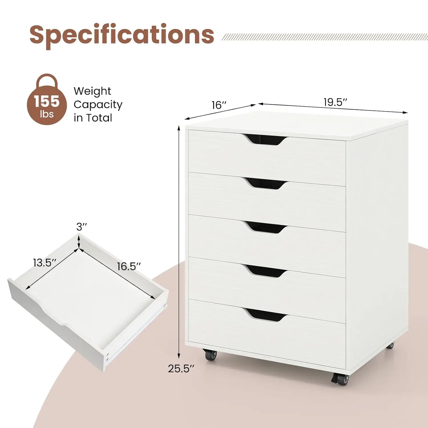 Mobile File Cabinet On Wheels Five Drawer For Home Office